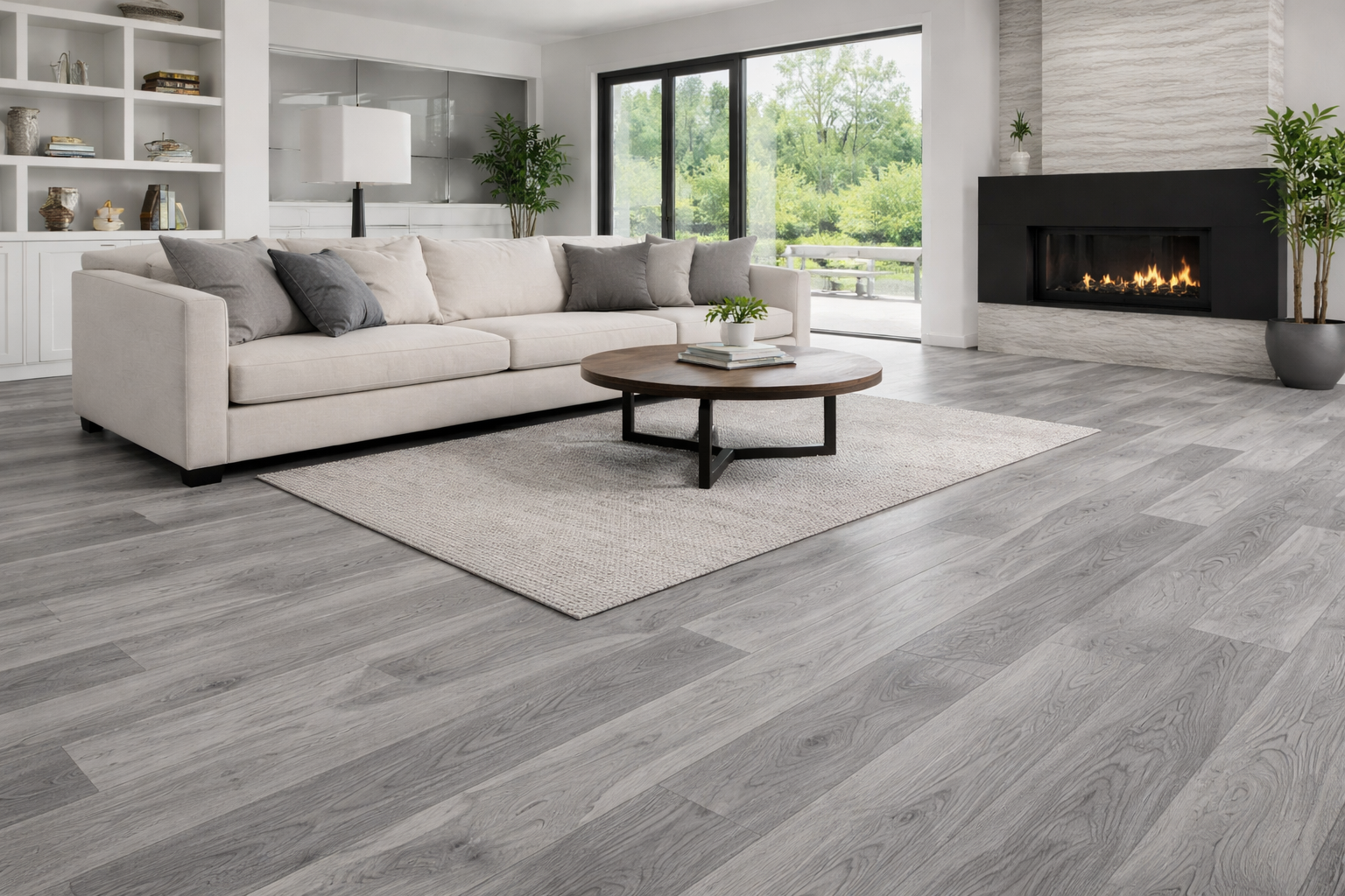 SPC rigid core vinyl plank flooring installed in modern living room by Apex Custom Floors in Corsicana Texas