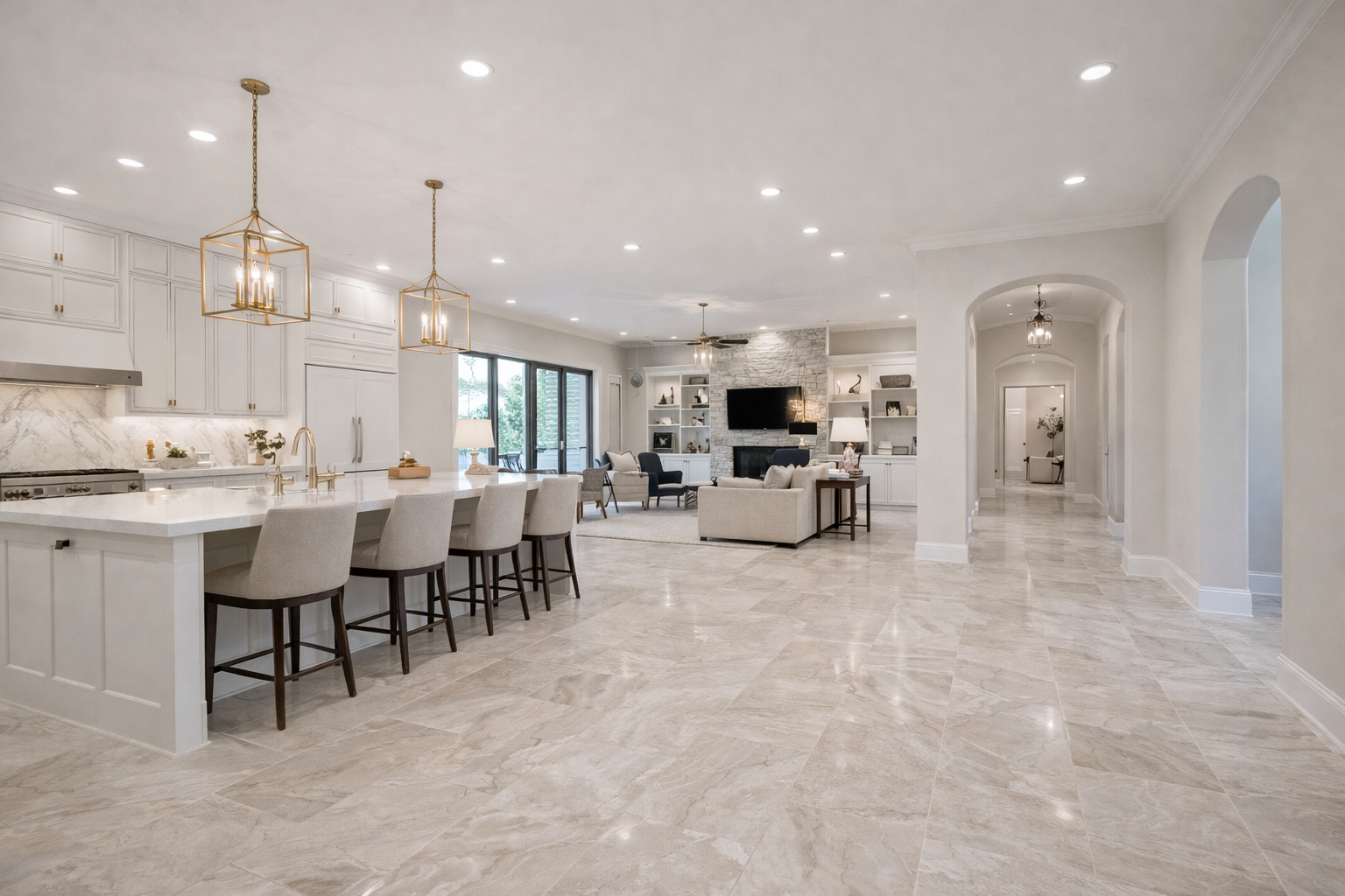Luxury whole home tile flooring installation with large format marble look tile in open concept living room and kitchen in Corsicana Texas